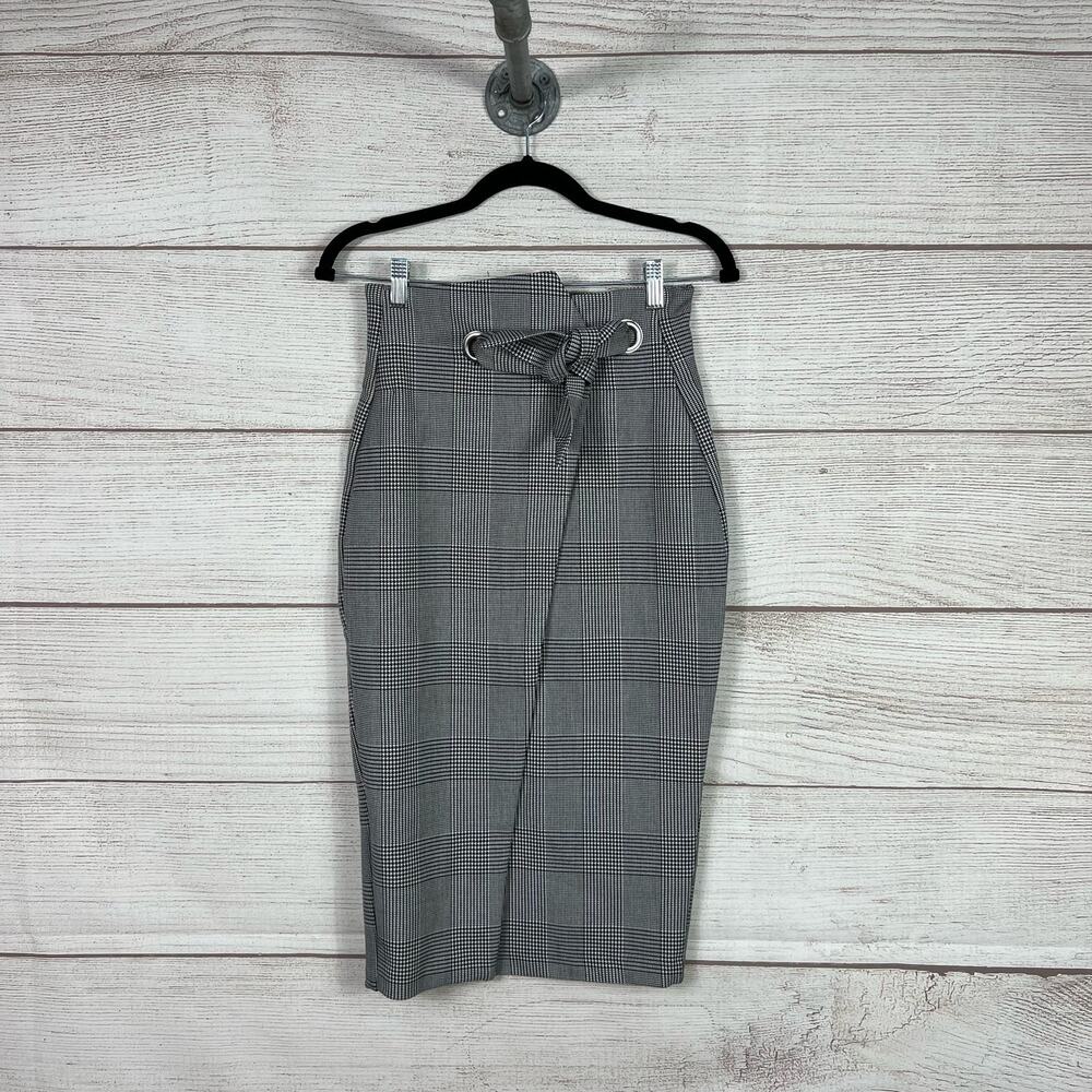 H&M Women's Houndstooth Faux Wrap Tie Waist Midi Skirt Size 6